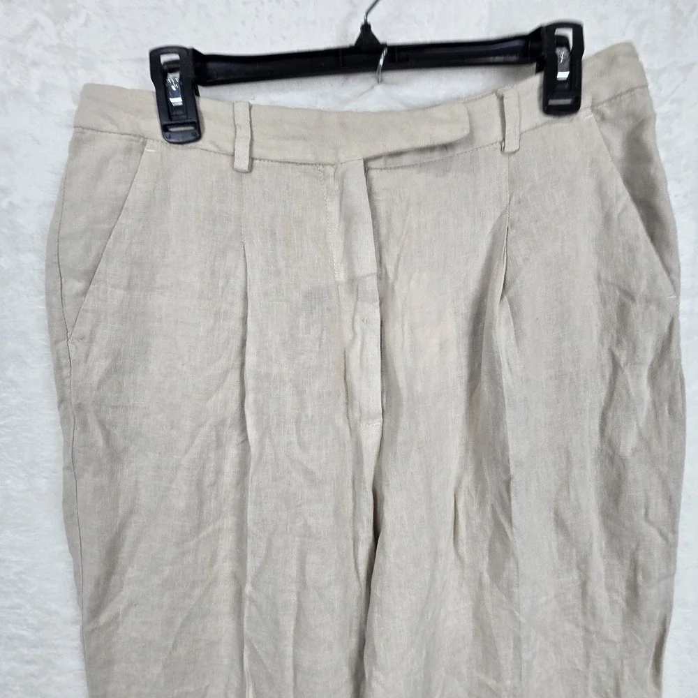 NWT Zara Size Large High Waisted Pleated Wide Leg 100% Linen Pants Sand 8292/500